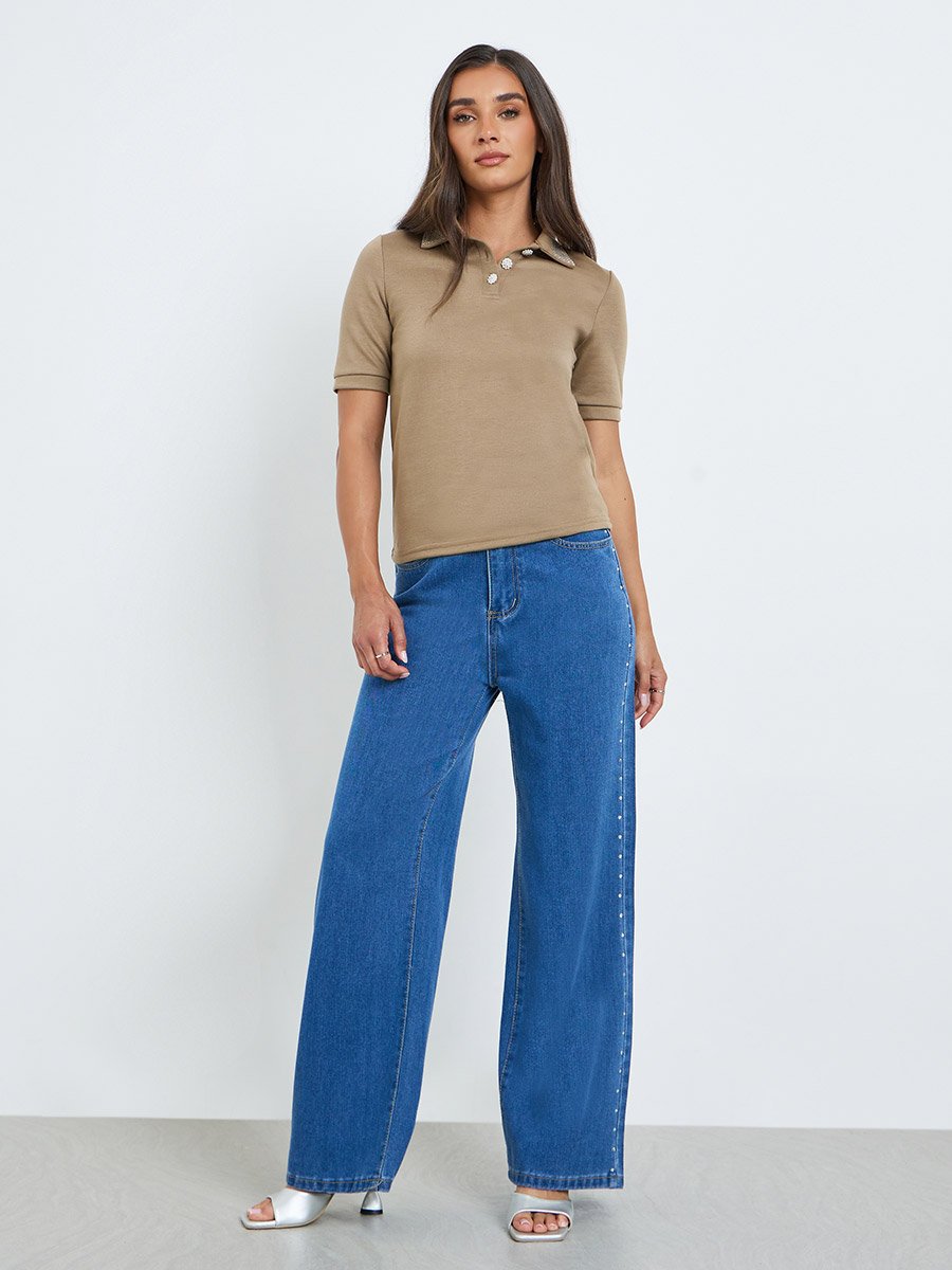 Beige Embellished Collar Polo T-Shirt 