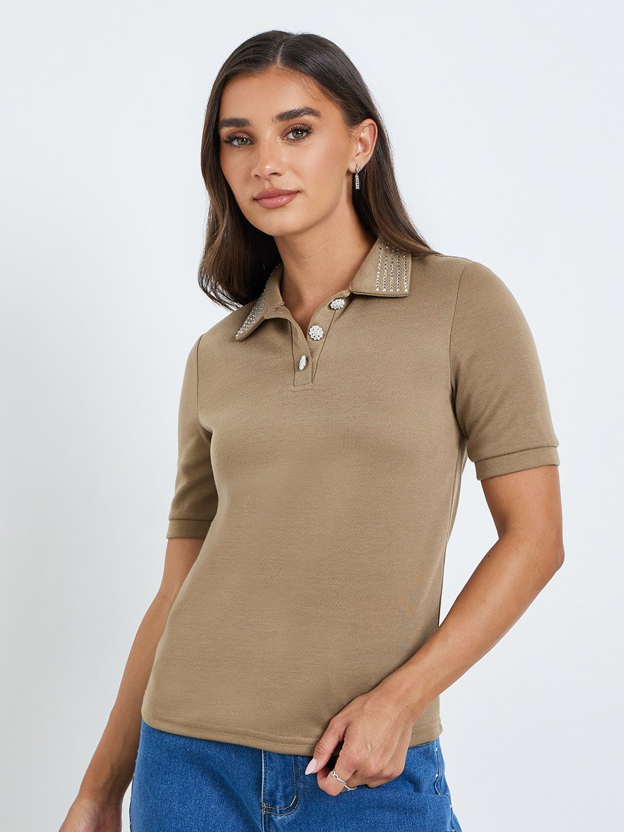 Beige Embellished Collar Polo T-Shirt 