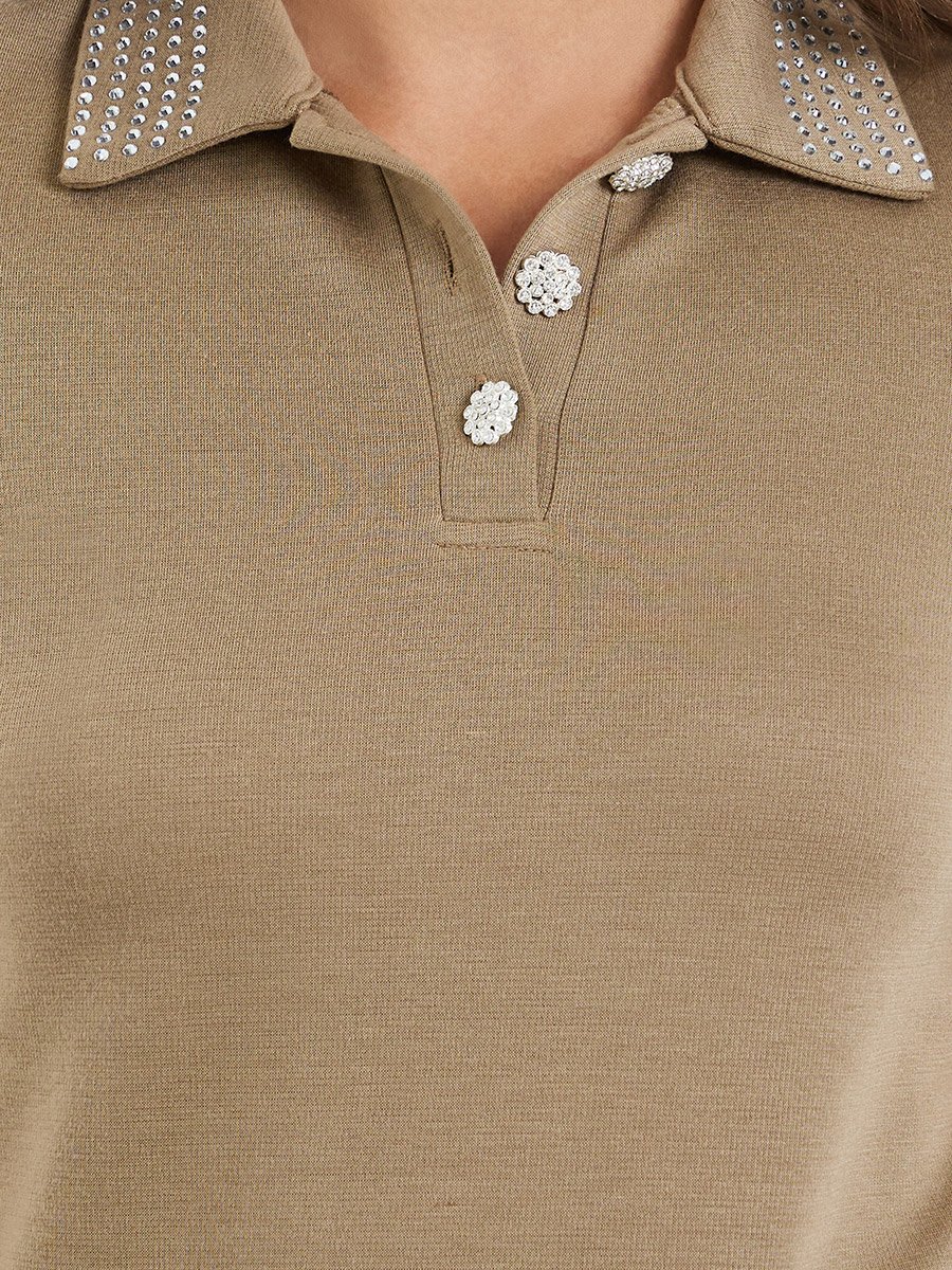 Beige Embellished Collar Polo T-Shirt 