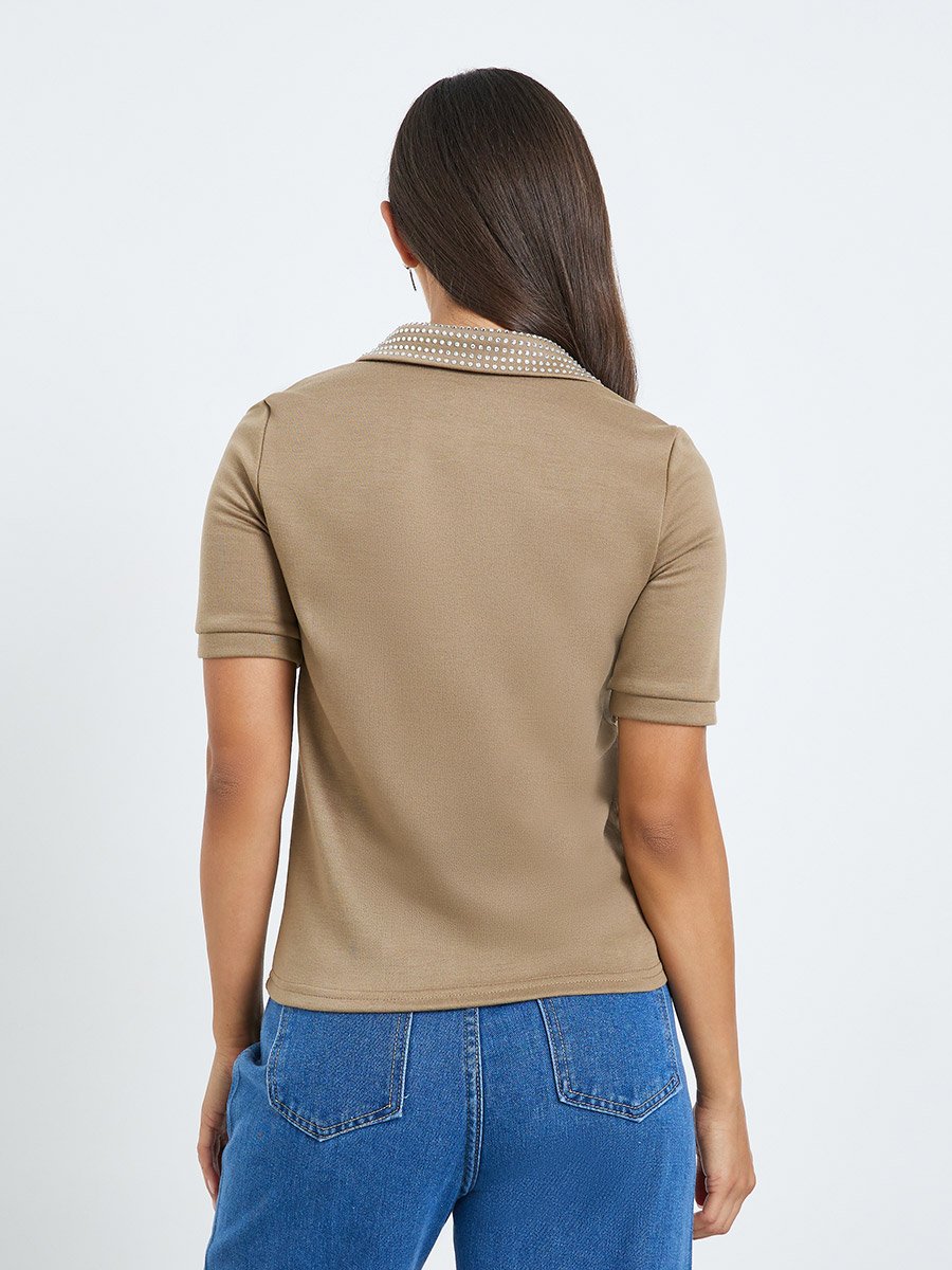 Beige Embellished Collar Polo T-Shirt 