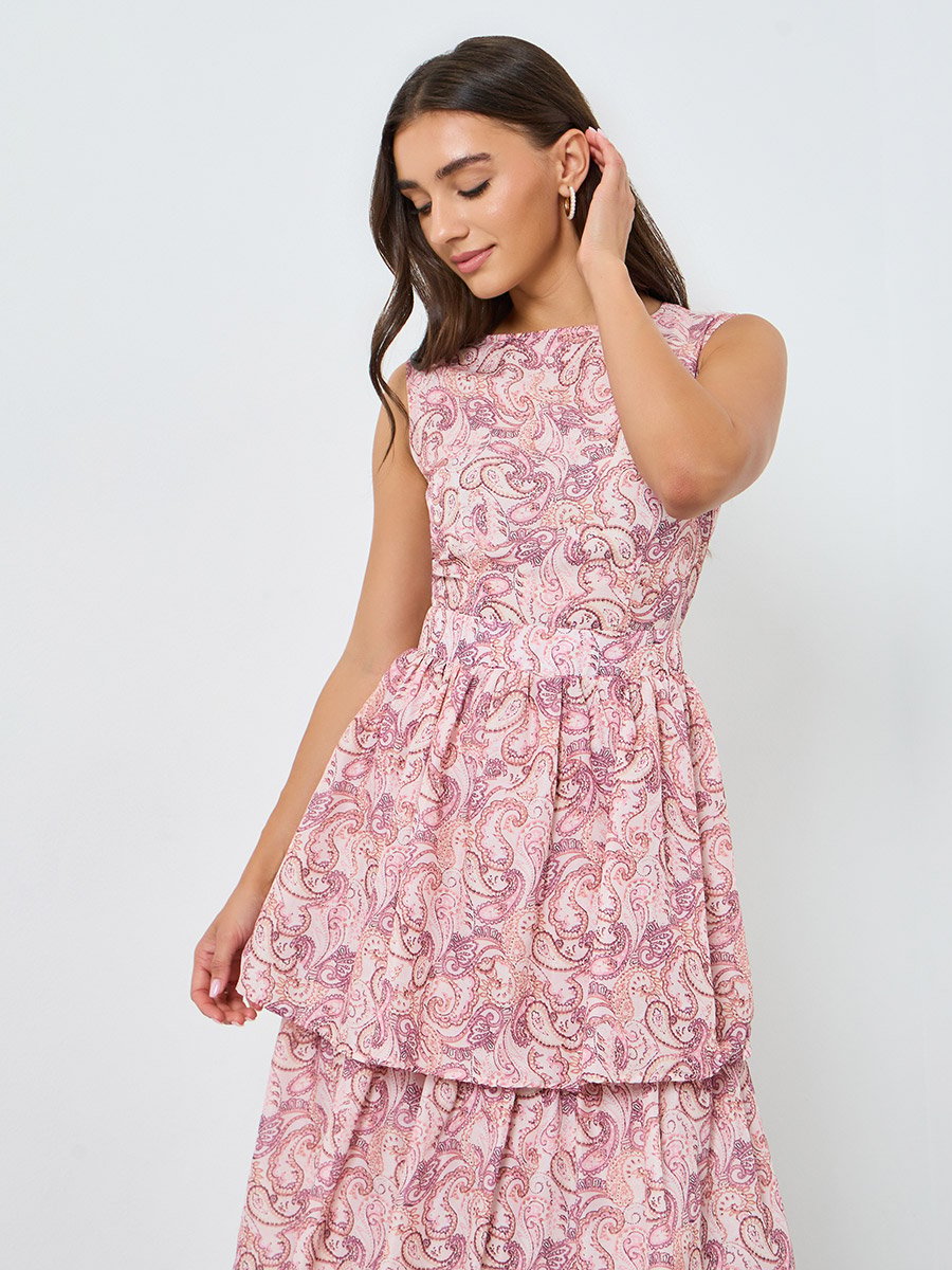 Women Pink Paisley Print Tiered Maxi Dress