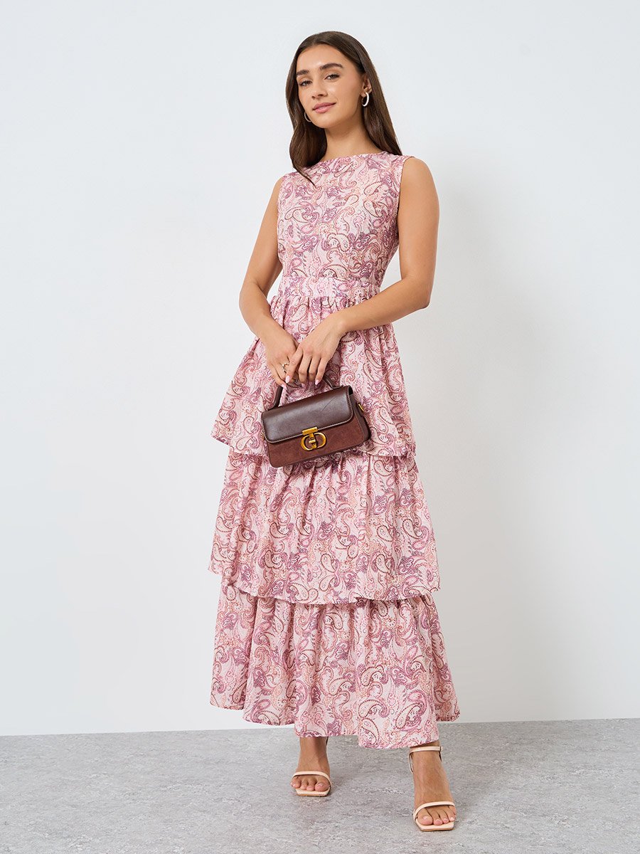 Women Pink Paisley Print Tiered Maxi Dress