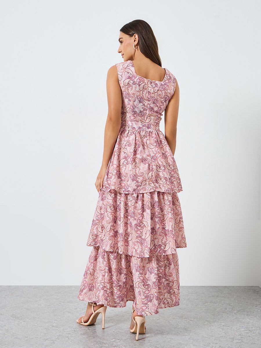 Women Pink Paisley Print Tiered Maxi Dress