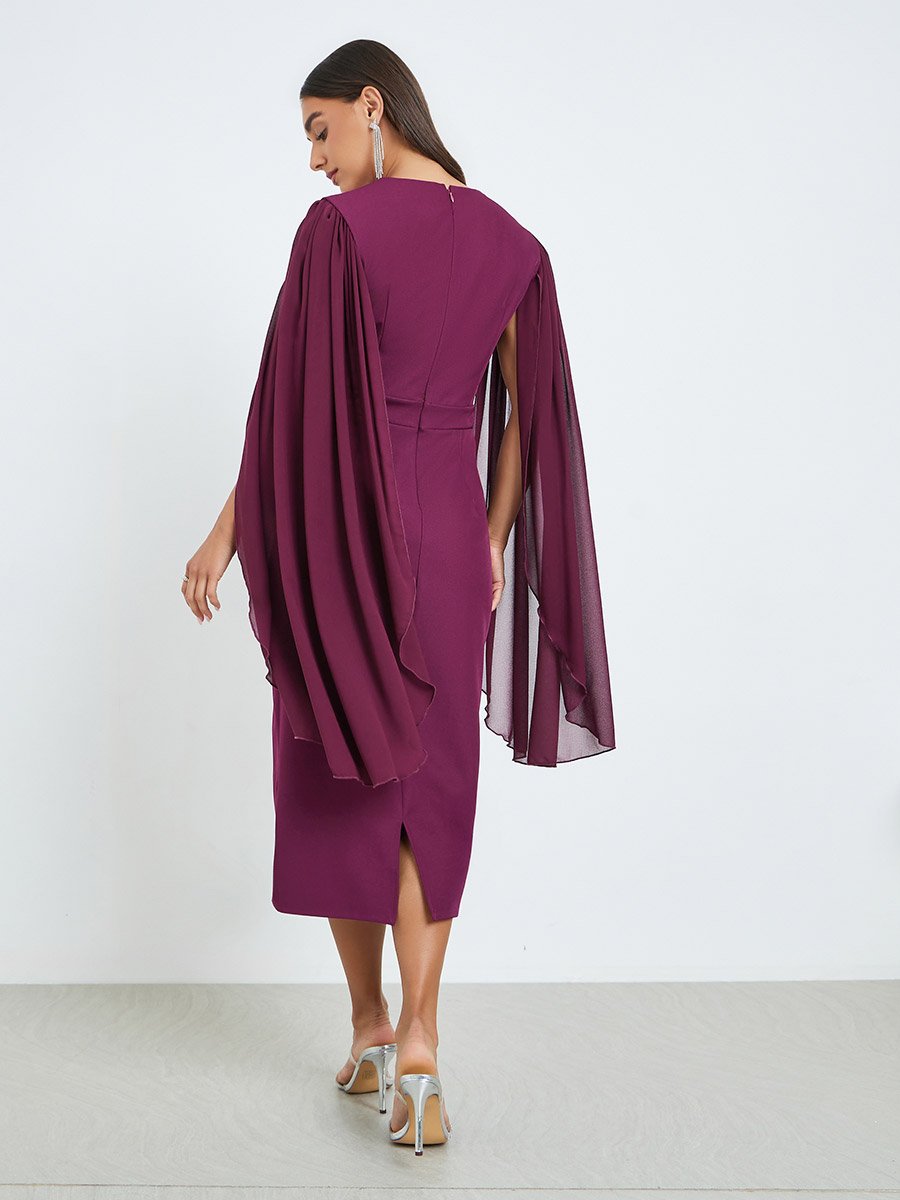 Women Burgundy Cape Sleeve Sheath Midi Dress