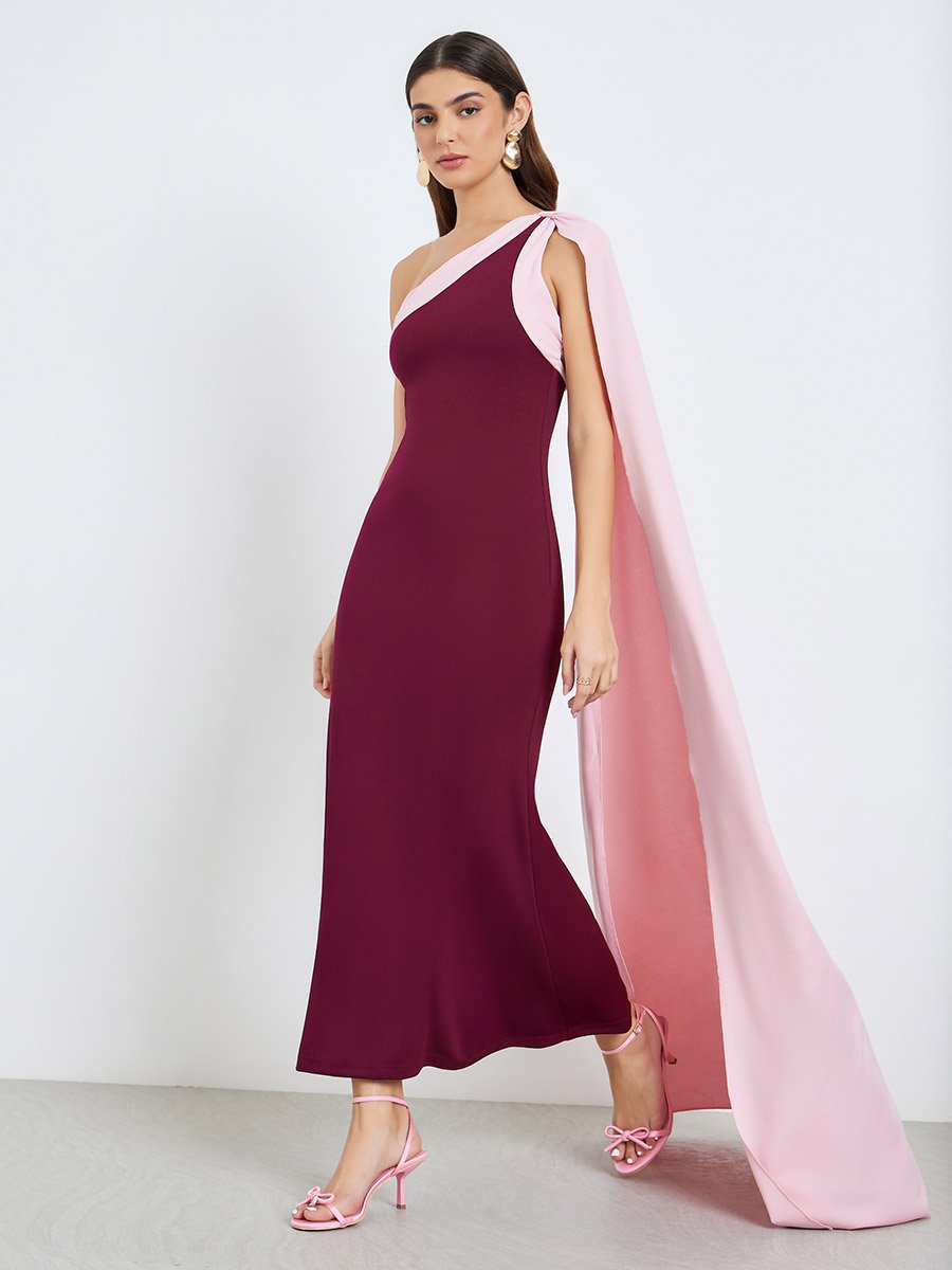 Women Burgundy Cape Detail Mermaid Maxi Dress For Women at UAE | Styli Women Burgundy Cape Detail Mermaid Maxi Dress For Women at UAE | Styli
