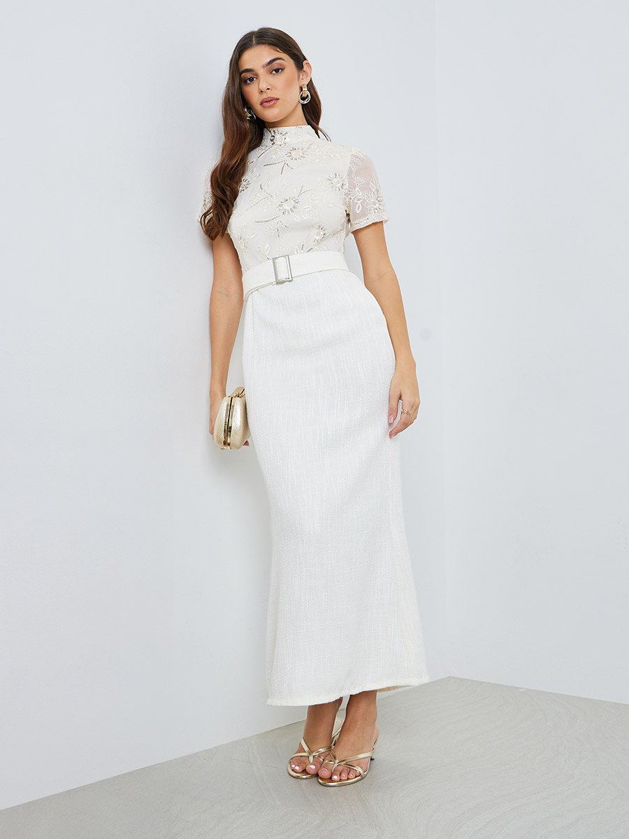 knee length dresses for ladies Baltic Born Womens Aspen Smocked Lace Maxi Dress | Off White