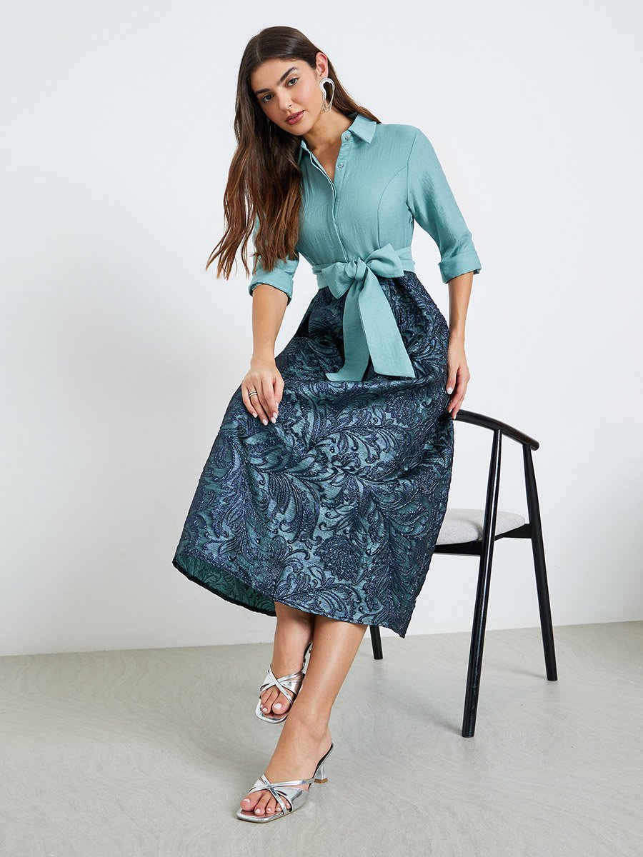 Blue Jacquard Maxi Dress with 3/4 Sleeves For Women at Oman | Styli Blue Jacquard Maxi Dress with 3/4 Sleeves For Women at Oman | Styli