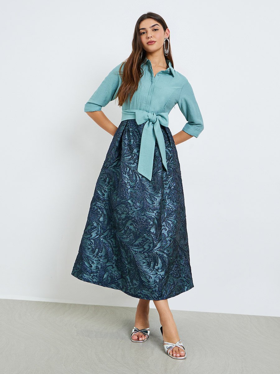 Blue Jacquard Maxi Dress with 3/4 Sleeves