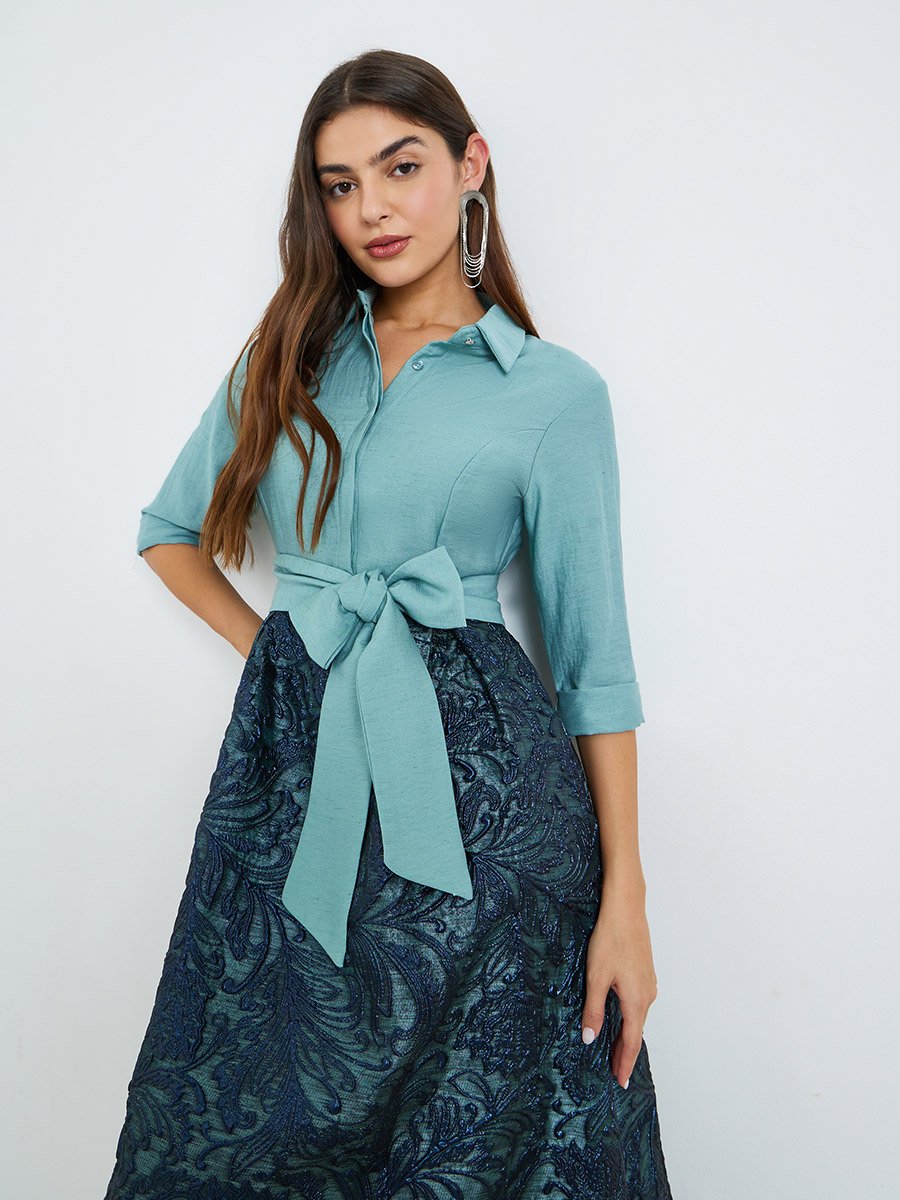 Blue Jacquard Maxi Dress with 3/4 Sleeves