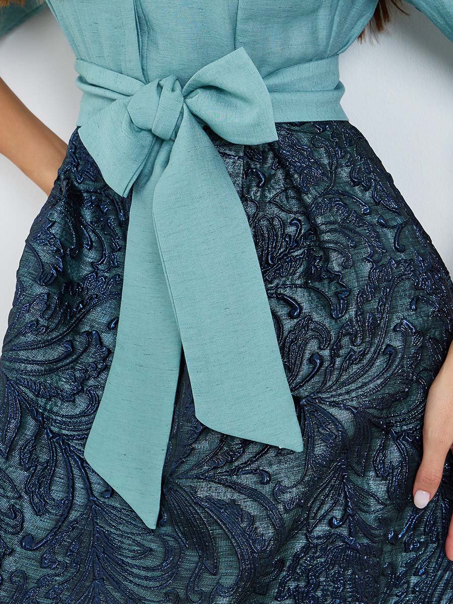 Blue Jacquard Maxi Dress with 3/4 Sleeves