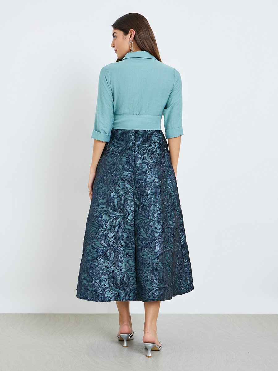 Blue Jacquard Maxi Dress with 3/4 Sleeves