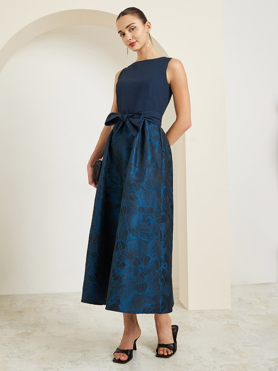 Navy Blue Floral Sleeveless Maxi Dress with Bow Detail