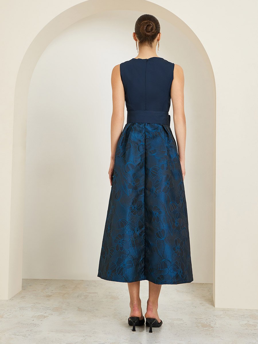 Navy Blue Floral Sleeveless Maxi Dress with Bow Detail