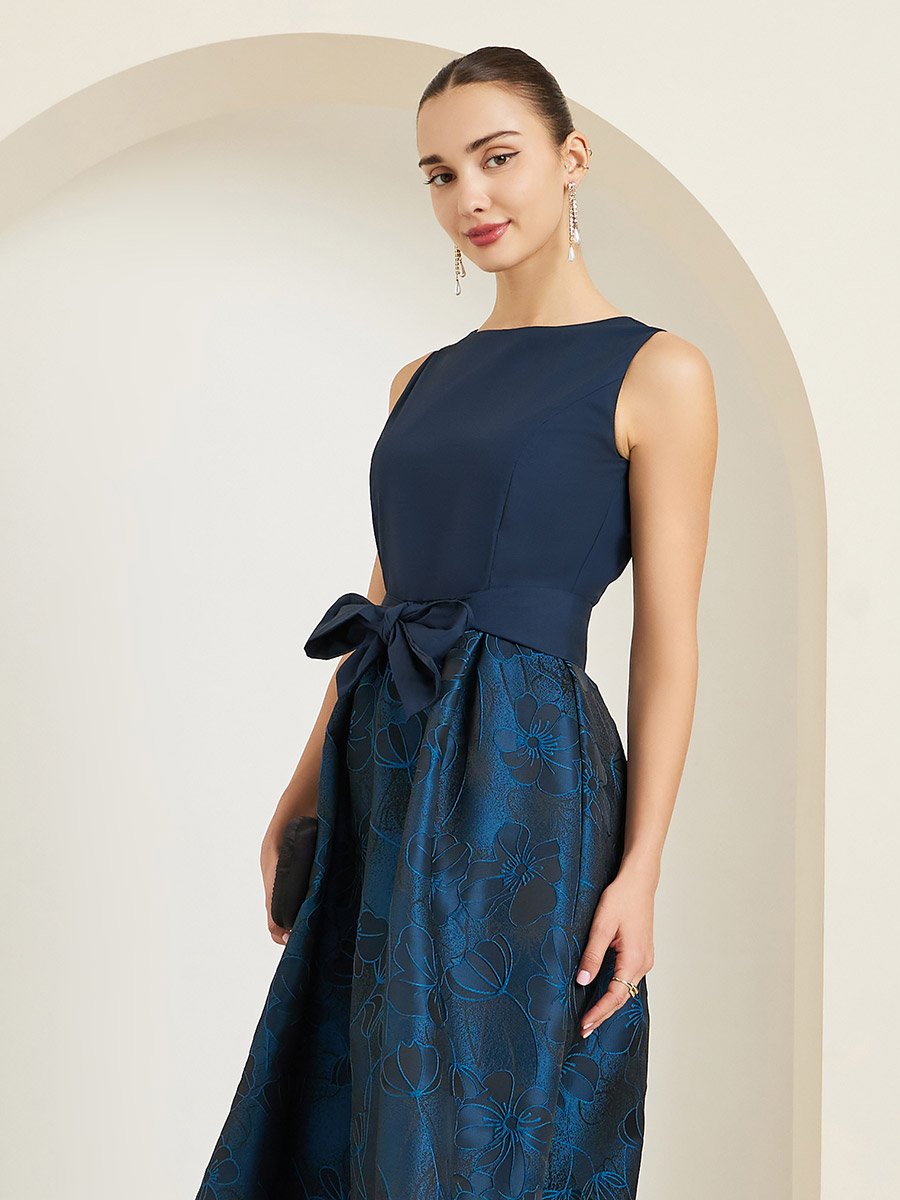 Navy Blue Floral Sleeveless Maxi Dress with Bow Detail