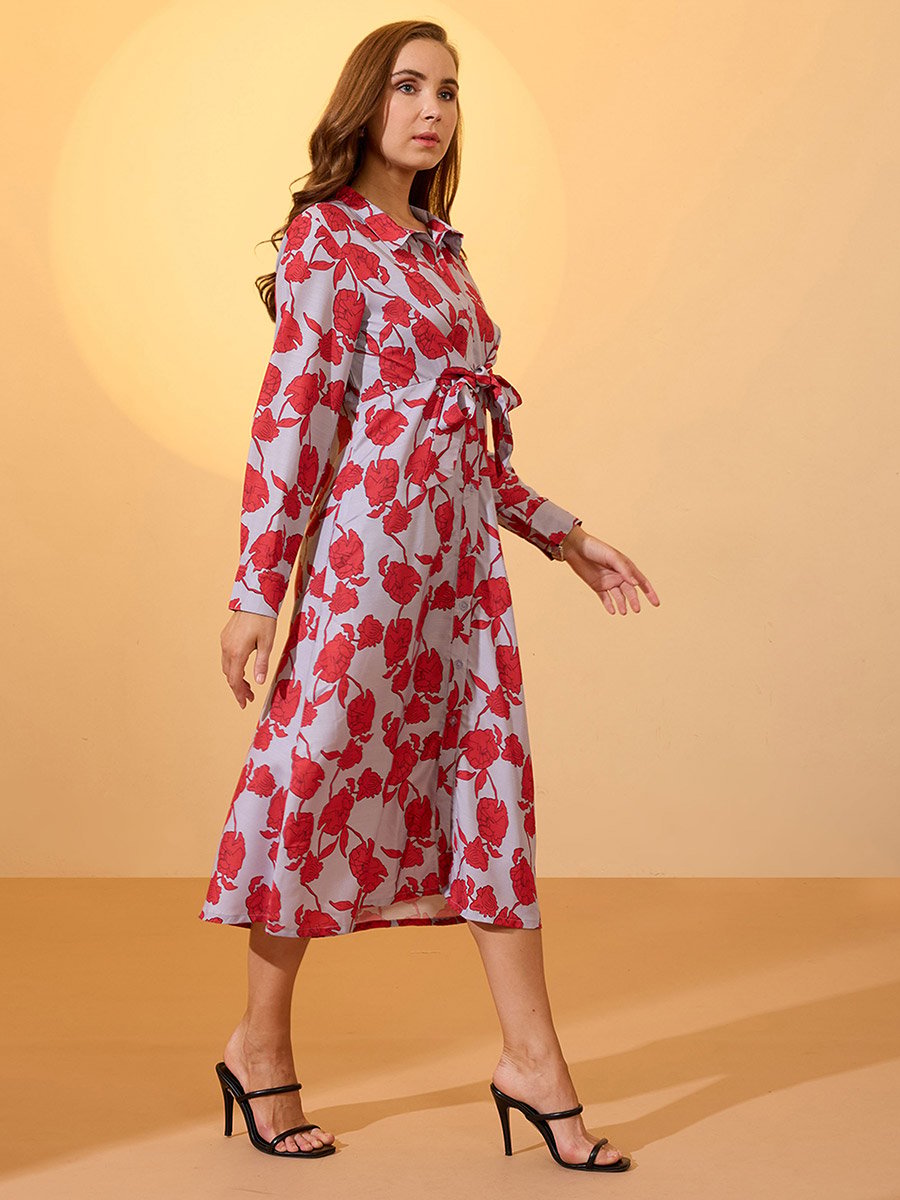 Red Floral Printed Collared Neck Midi Shirt Dress