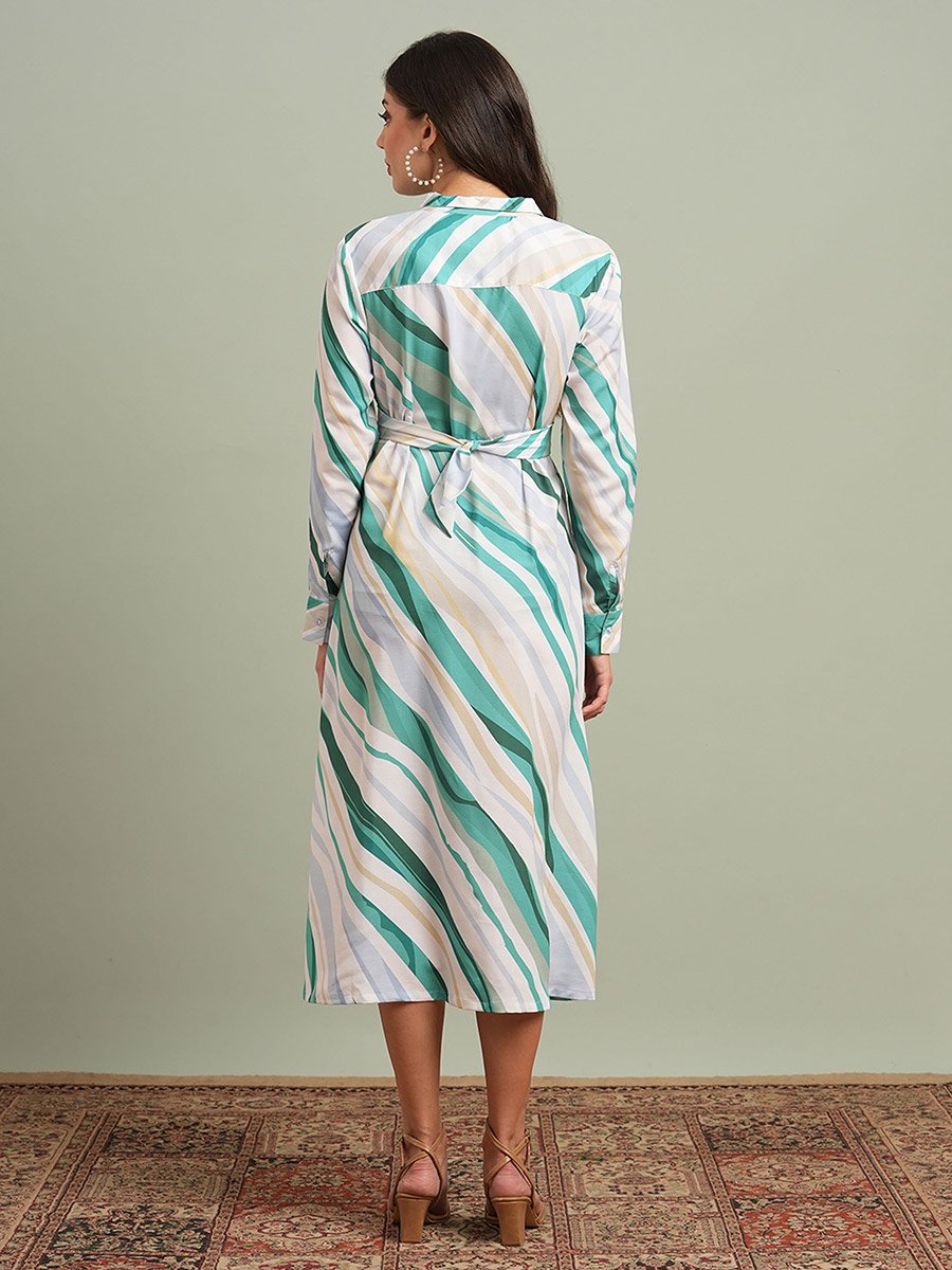 Green Collared Neck Abstract Print Midi Shirt Dress