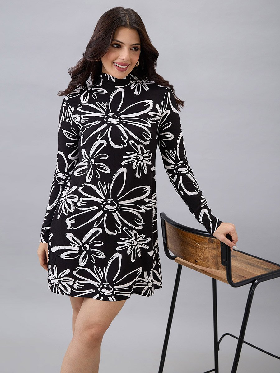Black High Neck Floral Print Mini Dress
