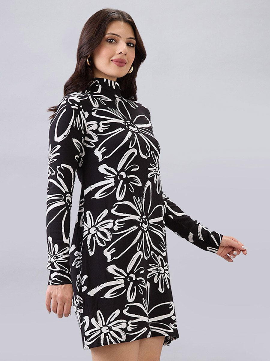 Black High Neck Floral Print Mini Dress