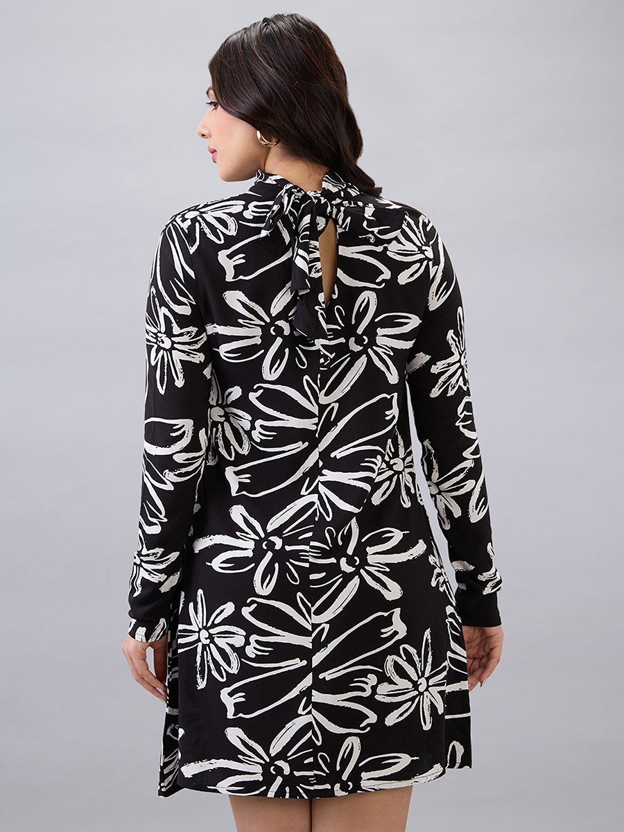 Black High Neck Floral Print Mini Dress