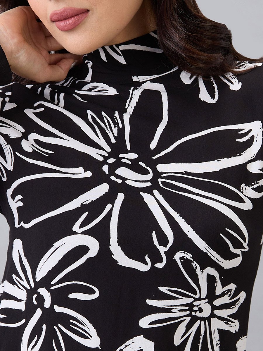 Black High Neck Floral Print Mini Dress