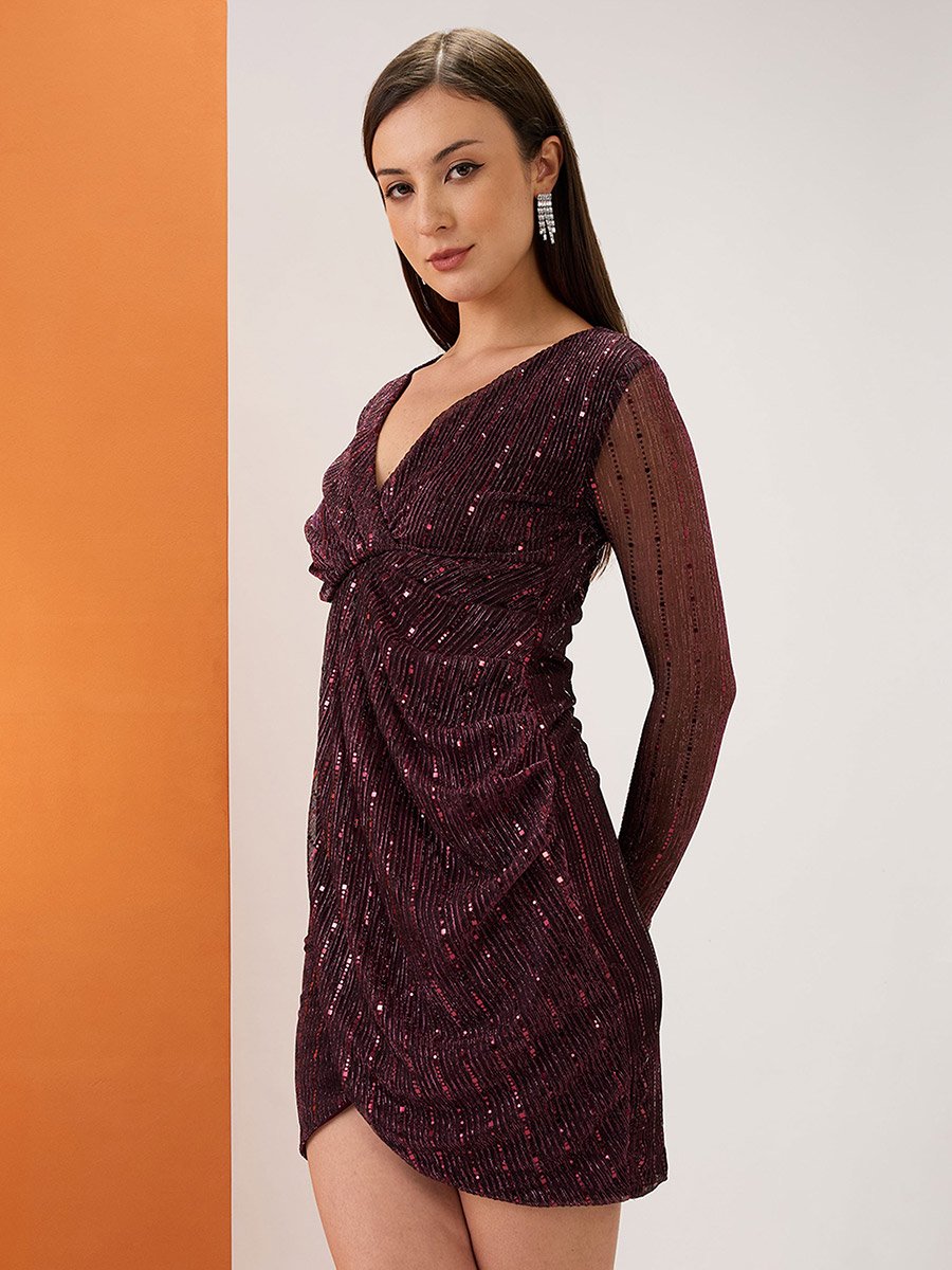 Maroon Wrap V-Neck Embellished Tulip Hem Mini Dress