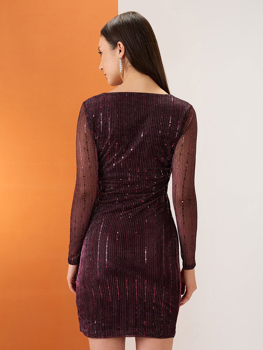 Maroon Wrap V-Neck Embellished Tulip Hem Mini Dress