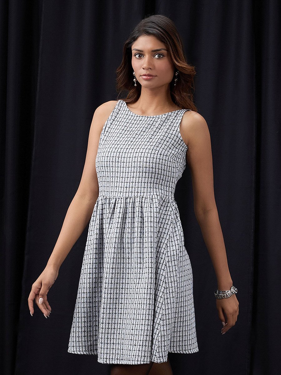 Grey Checked Boat Neck Sleeveless Mini Dress