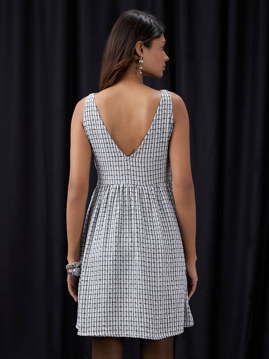 Grey Checked Boat Neck Sleeveless Mini Dress