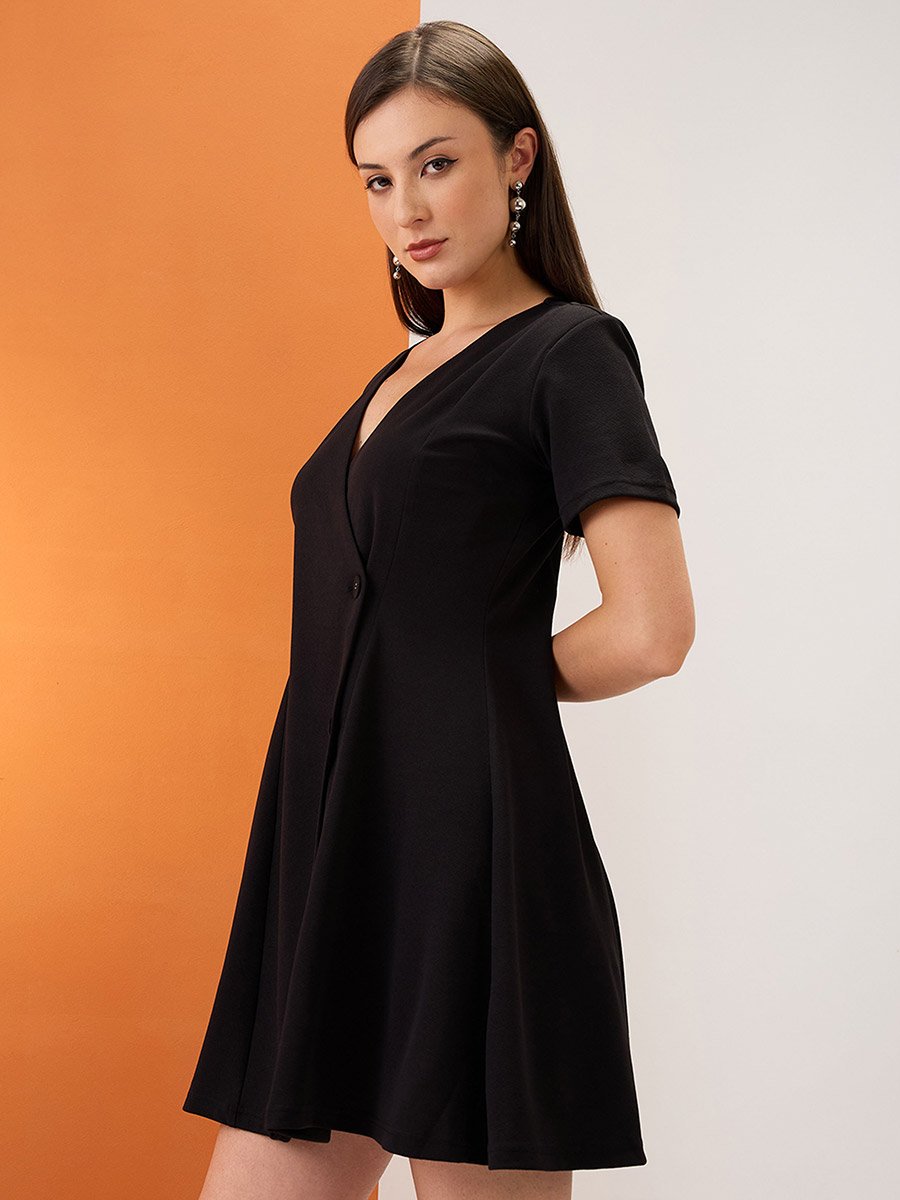 Black V-Neck Button Double Breasted Mini Dress