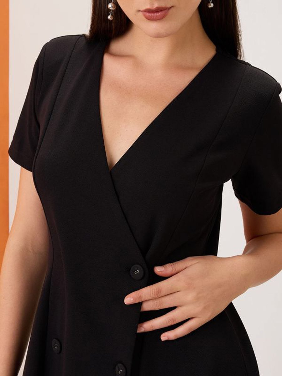 Black V-Neck Button Double Breasted Mini Dress