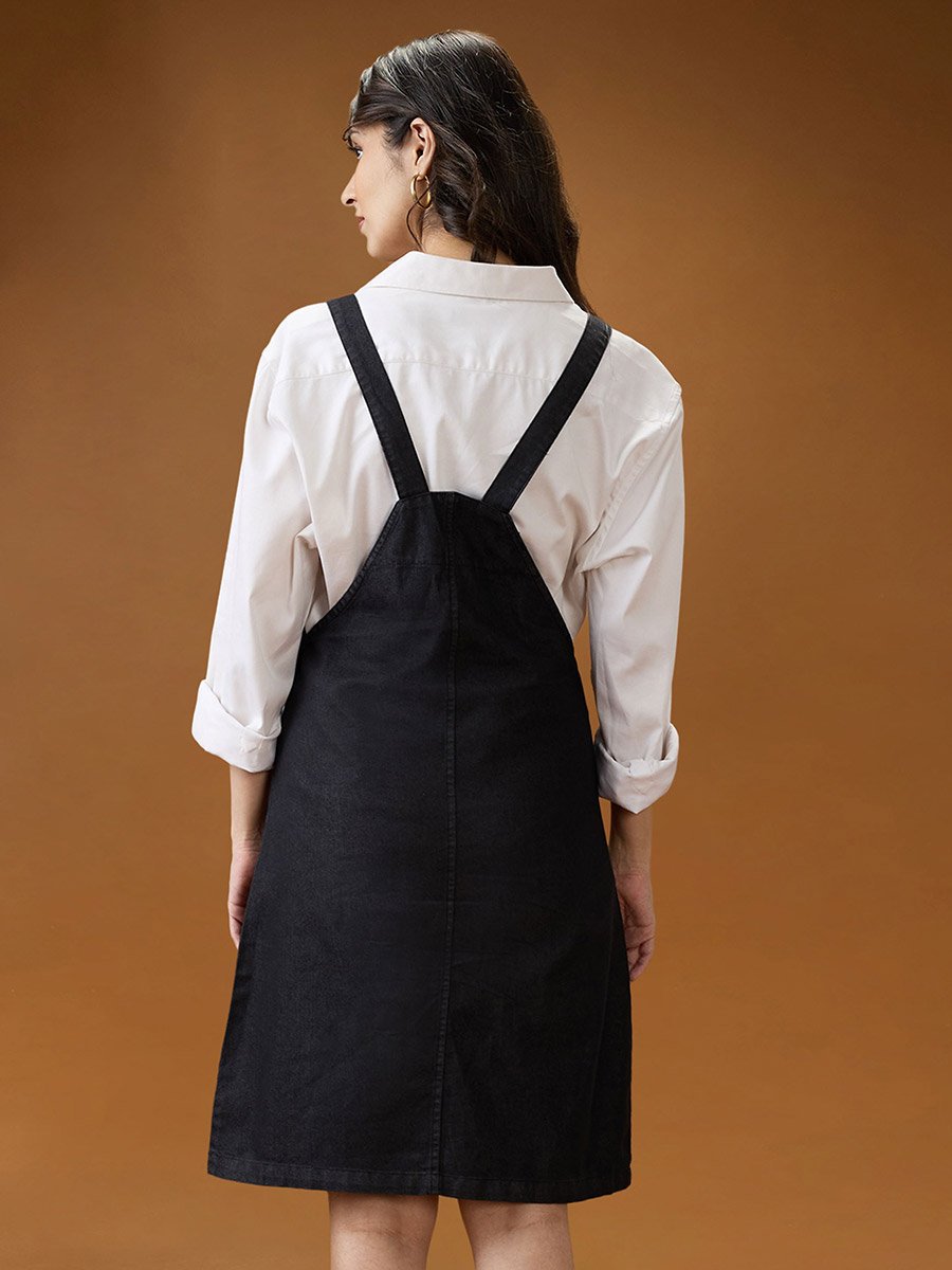 Black Square Neck Strappy Mini Dungaree Dress