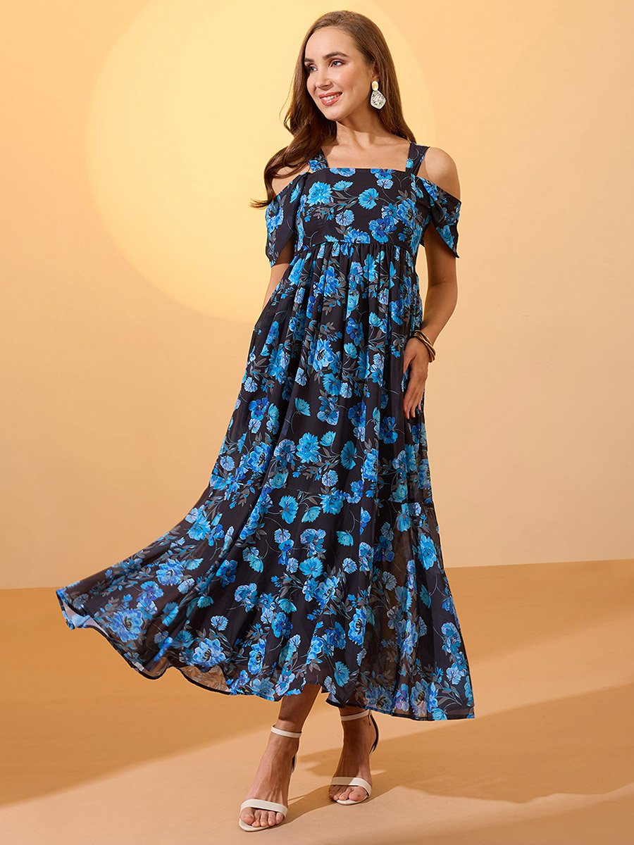 Blue Floral Printed Cold Shoulder Sleeves Maxi Dress