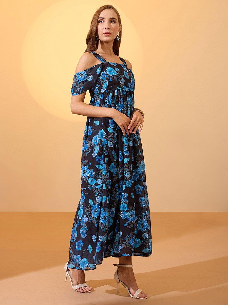 Blue Floral Printed Cold Shoulder Sleeves Maxi Dress