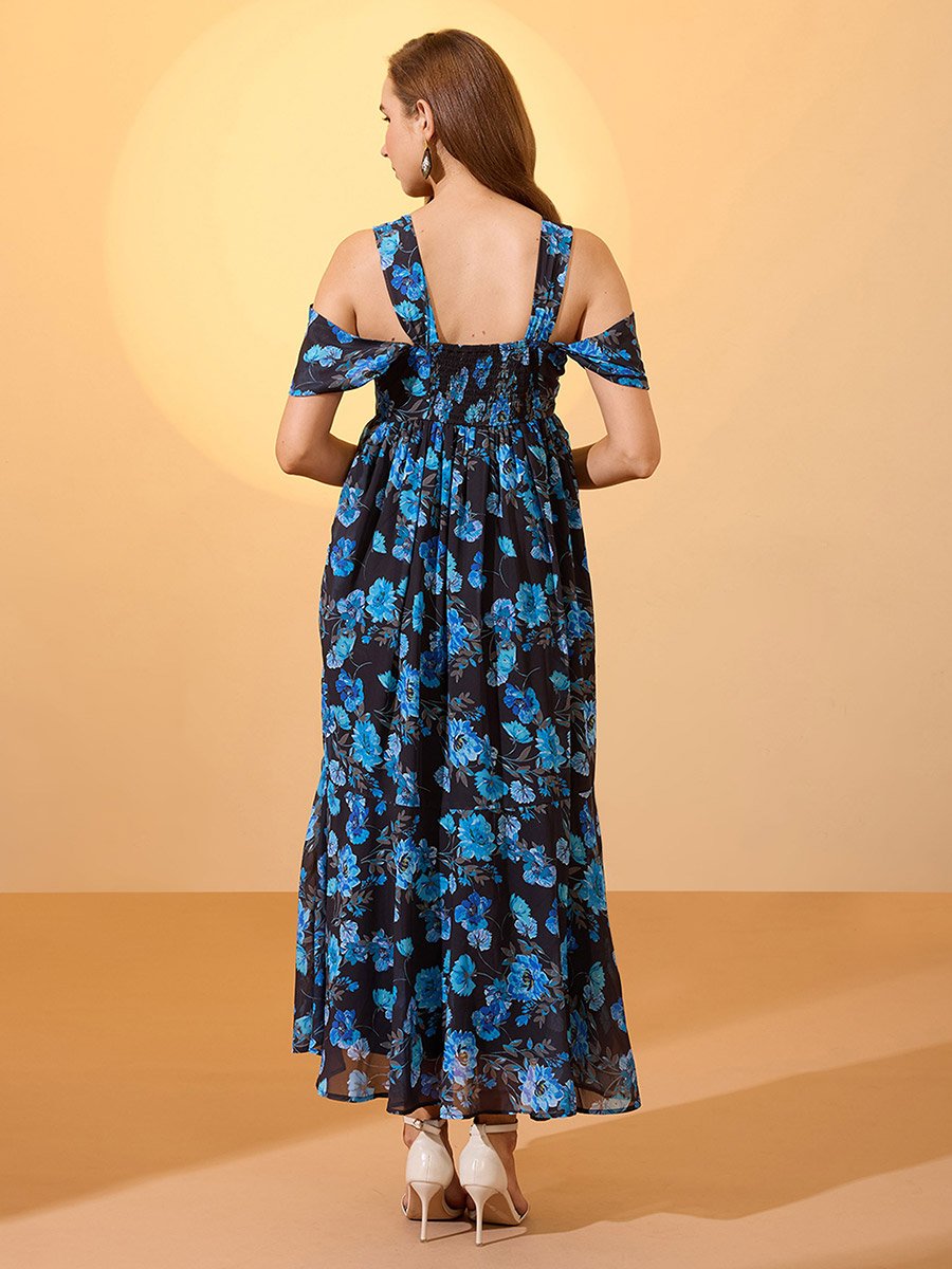 Blue Floral Printed Cold Shoulder Sleeves Maxi Dress