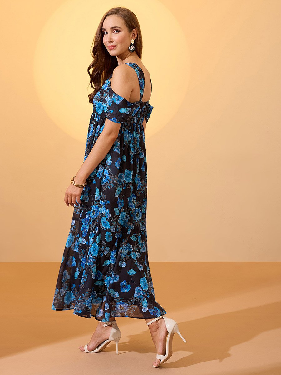 Blue Floral Printed Cold Shoulder Sleeves Maxi Dress