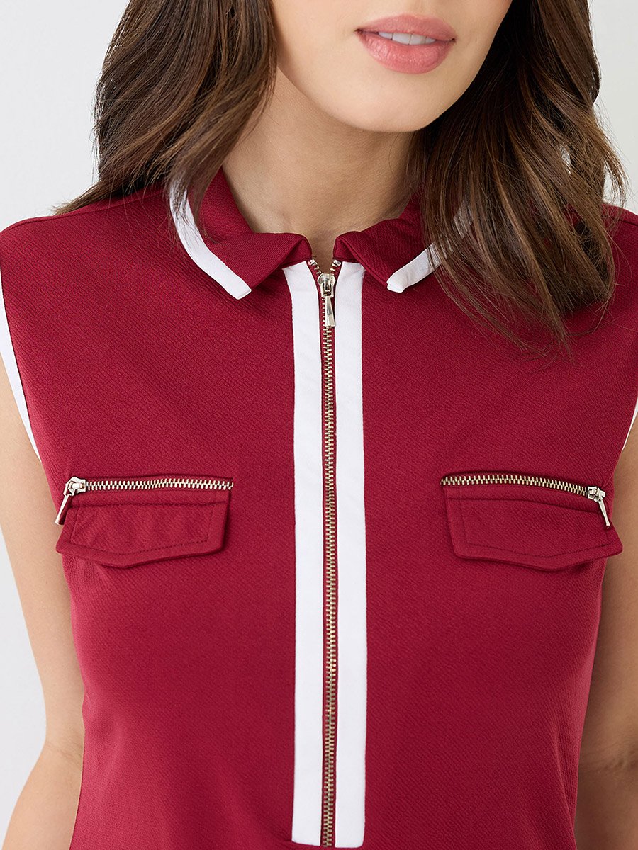 Maroon Collared Neck Front Zip Mini Bodycon Dress