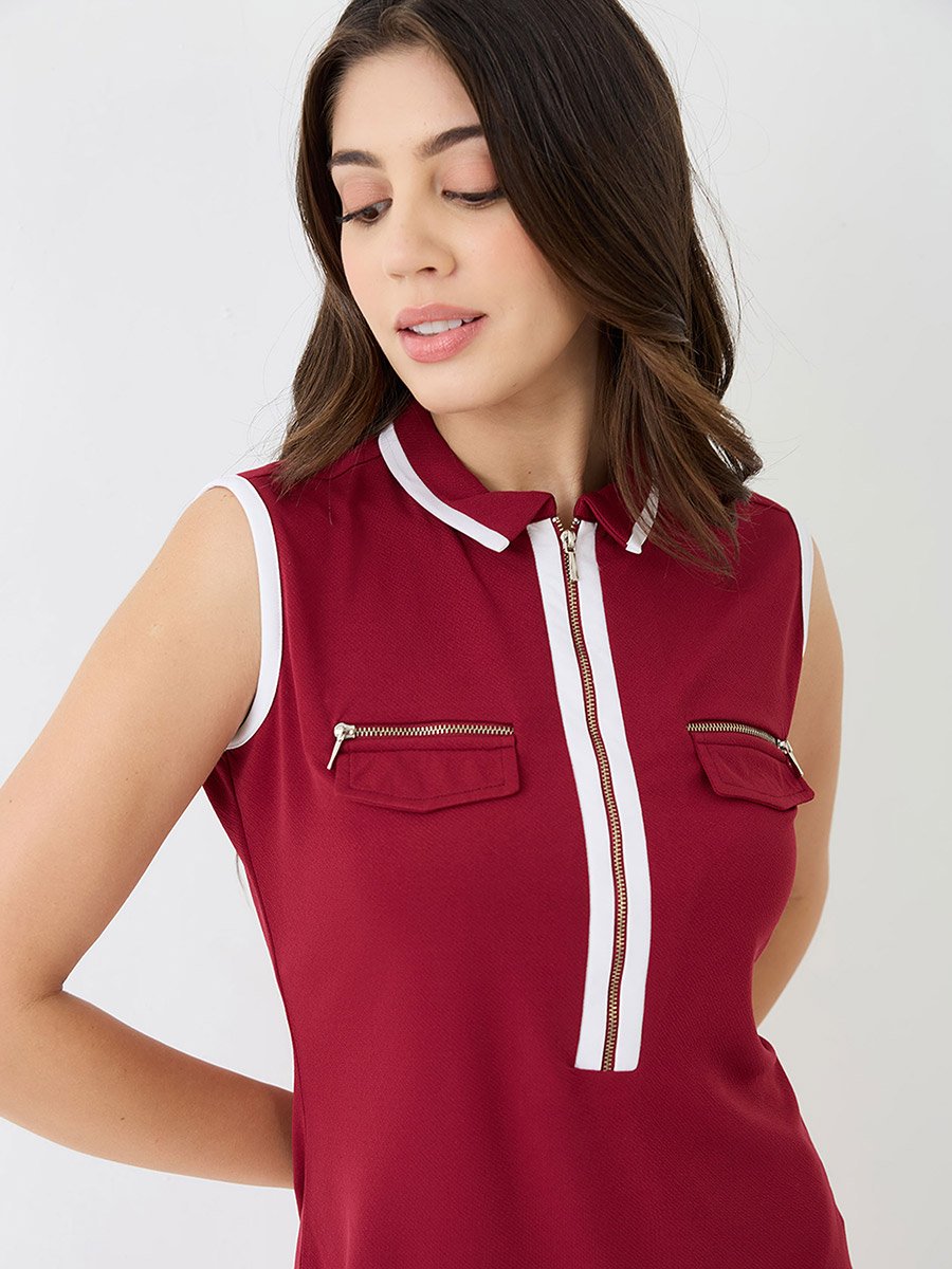 Maroon Collared Neck Front Zip Mini Bodycon Dress