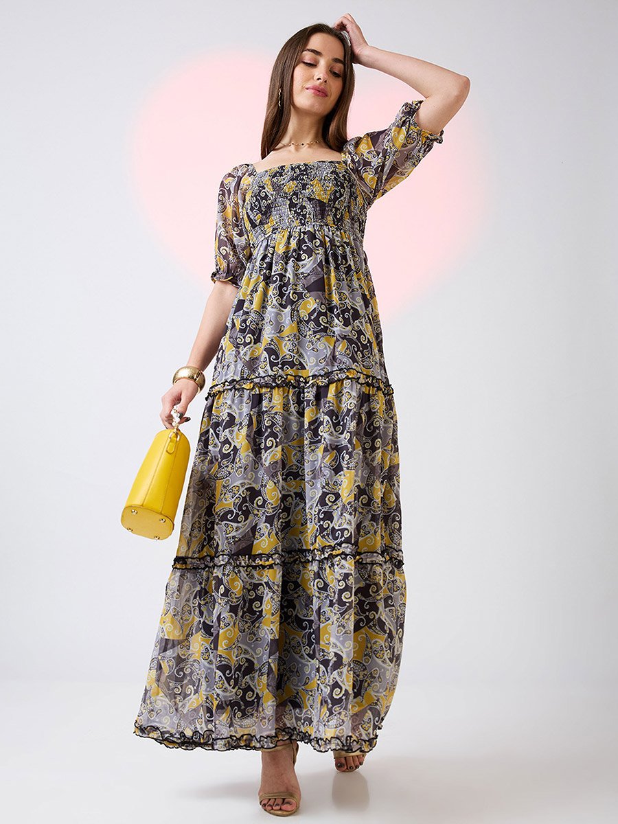 Yellow Square Neck Puff Sleeves Tiered Maxi Dress