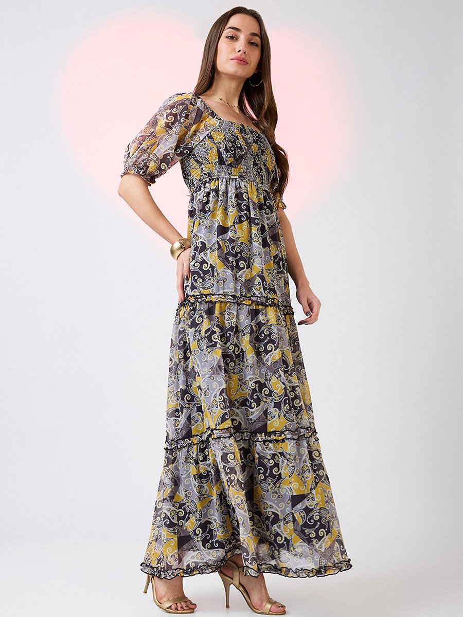 Yellow Square Neck Puff Sleeves Tiered Maxi Dress