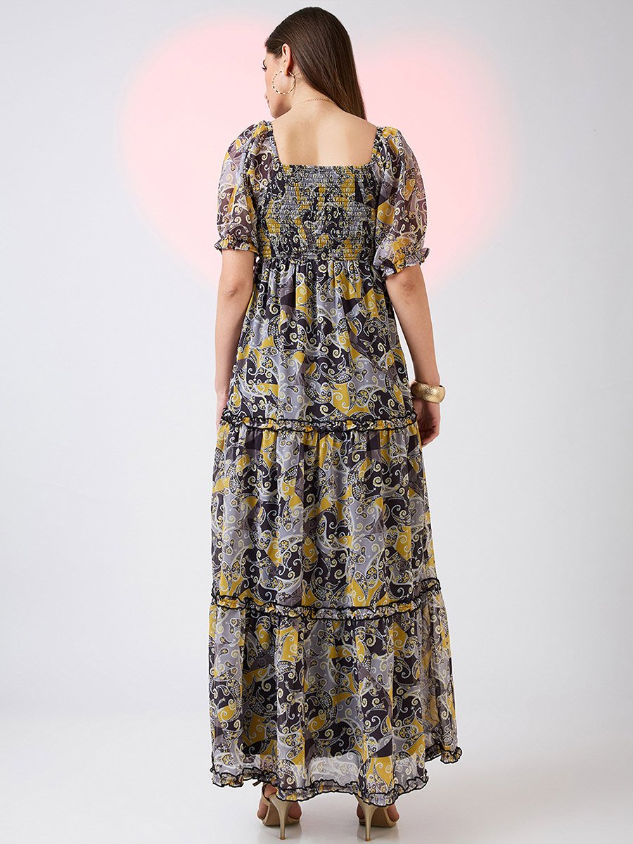 Yellow Square Neck Puff Sleeves Tiered Maxi Dress