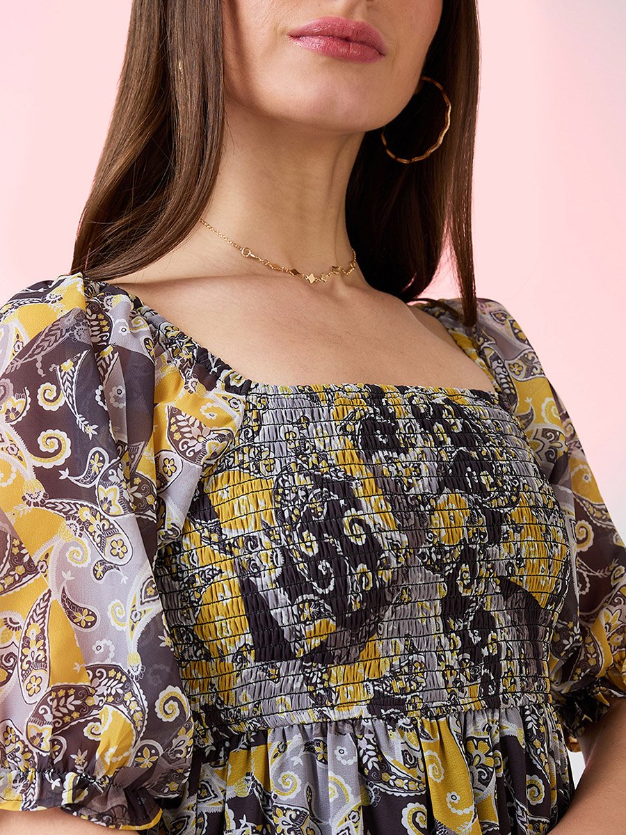 Yellow Square Neck Puff Sleeves Tiered Maxi Dress