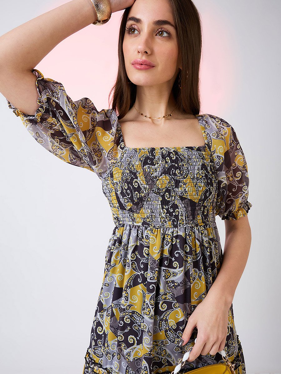 Yellow Square Neck Puff Sleeves Tiered Maxi Dress