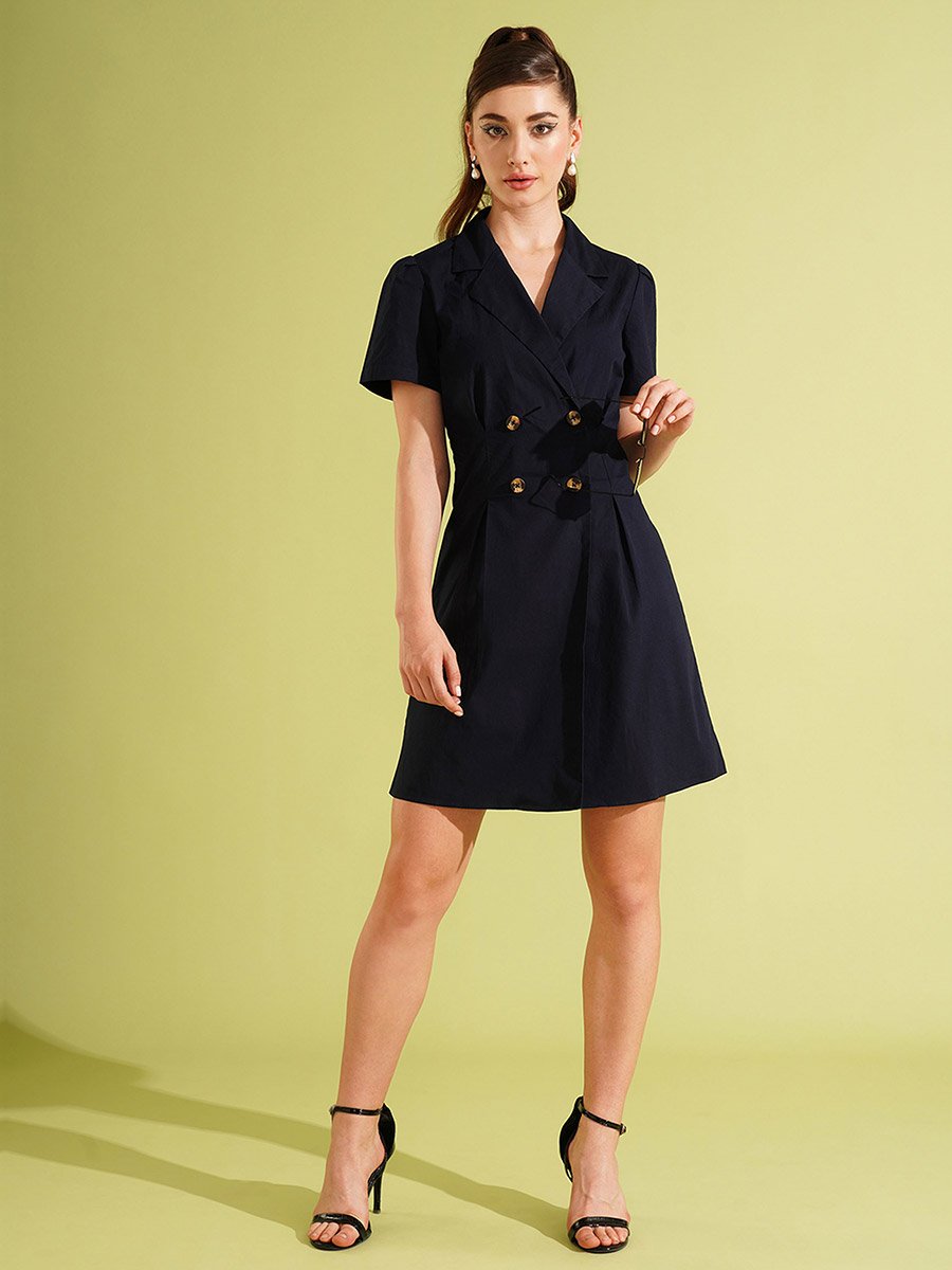 Navy Blue Notched Lapel Double Breasted Mini Dress