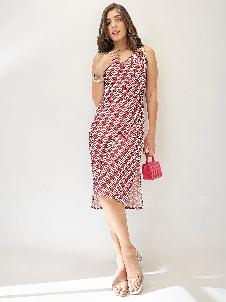 Red Cowl Neck Side Slits Sheath Midi Dress