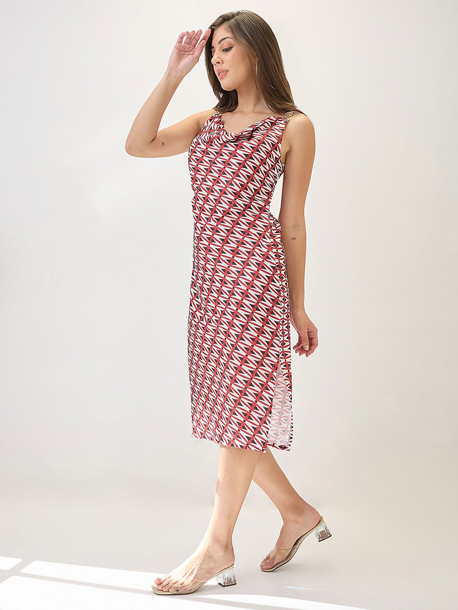 Red Cowl Neck Side Slits Sheath Midi Dress