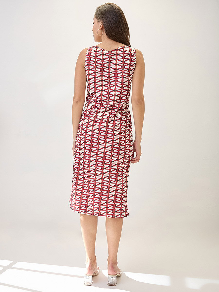 Red Cowl Neck Side Slits Sheath Midi Dress