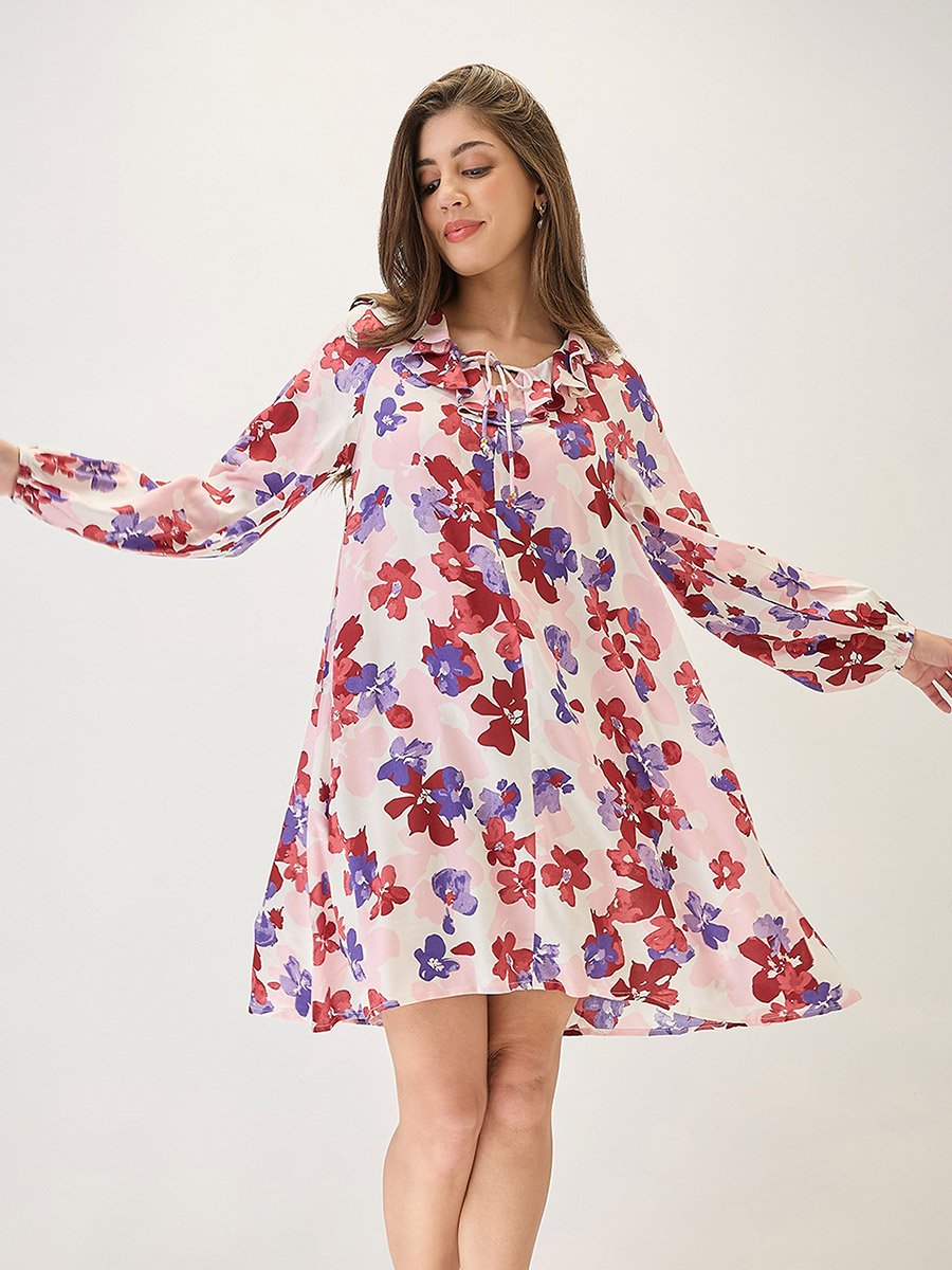 Floral Print Ruffled Long Sleeve Mini Dress