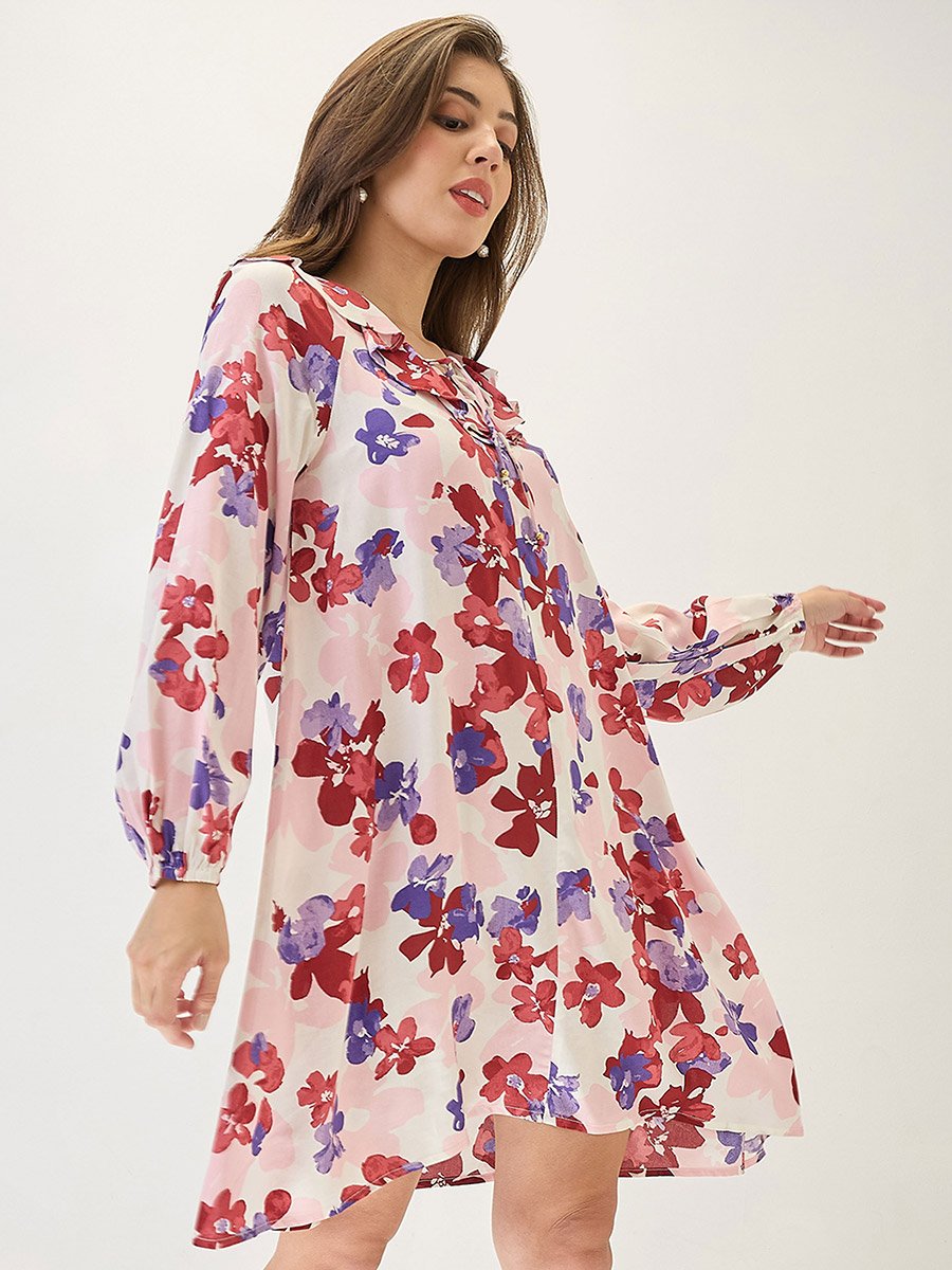 Floral Print Ruffled Long Sleeve Mini Dress