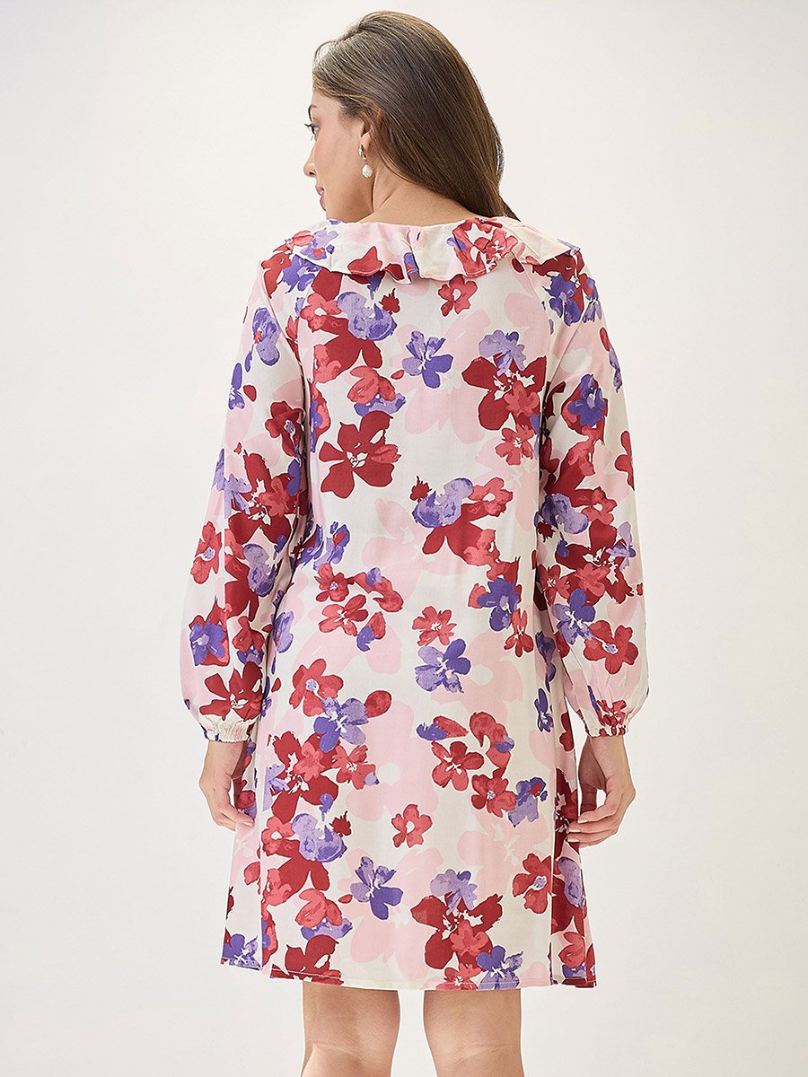 Floral Print Ruffled Long Sleeve Mini Dress