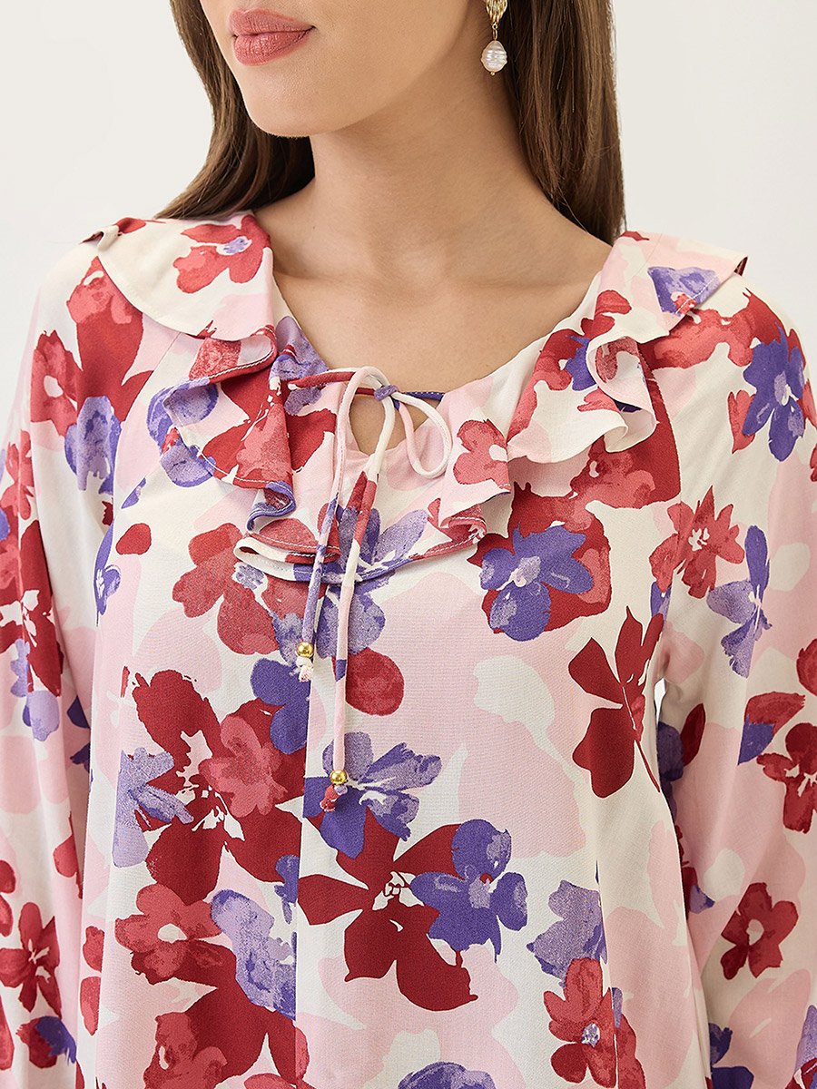 Floral Print Ruffled Long Sleeve Mini Dress
